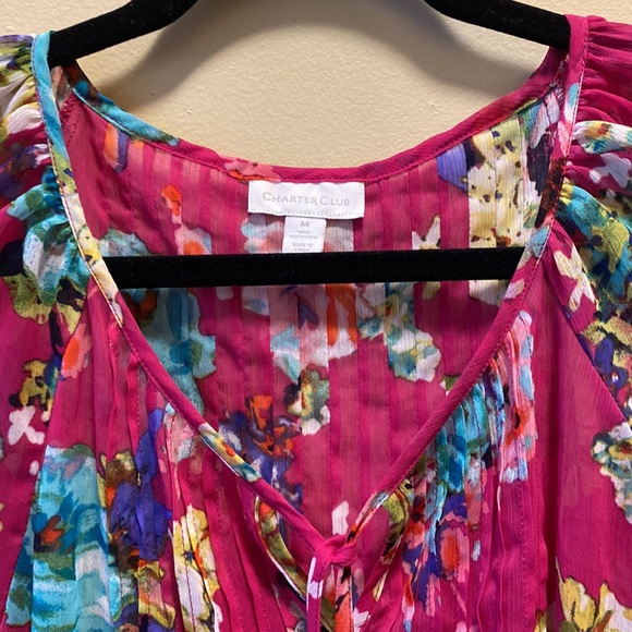 ✨BRAND NEW✨ CHARTER CLUB FUSHIA PINK SHEER BLOUSE WITH FLOWER PRINT - Picture 4 of 11